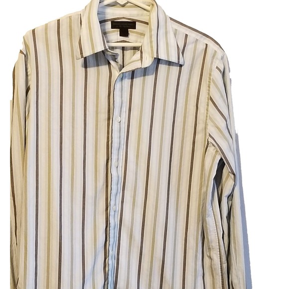 Express Other - Express Button Up Shirt Men Sz Large 16 Brown Stripes Modern Fit Long Sleeve